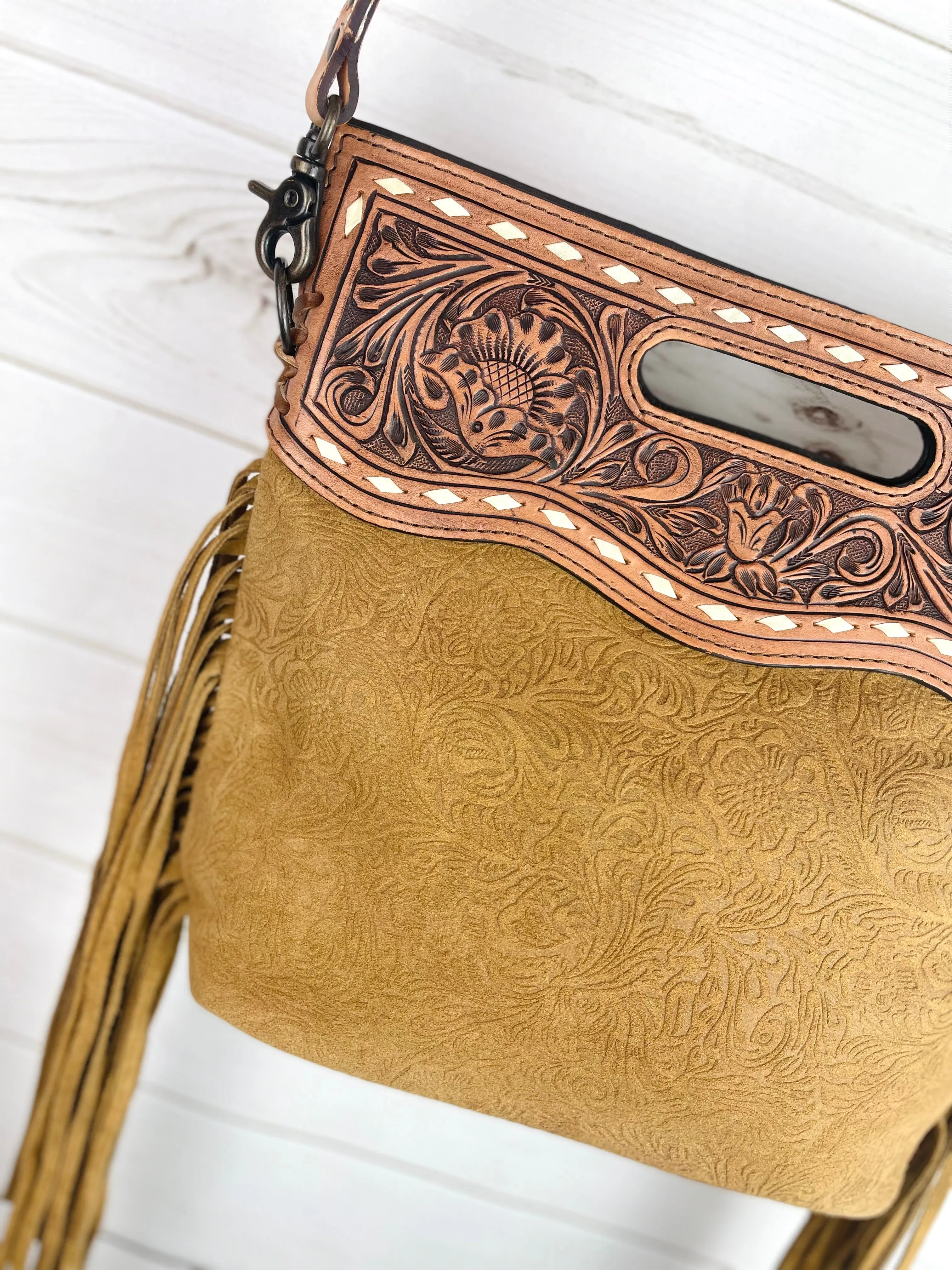 Tan Suede Brocade w/ Leather Handle Crossbody Bag