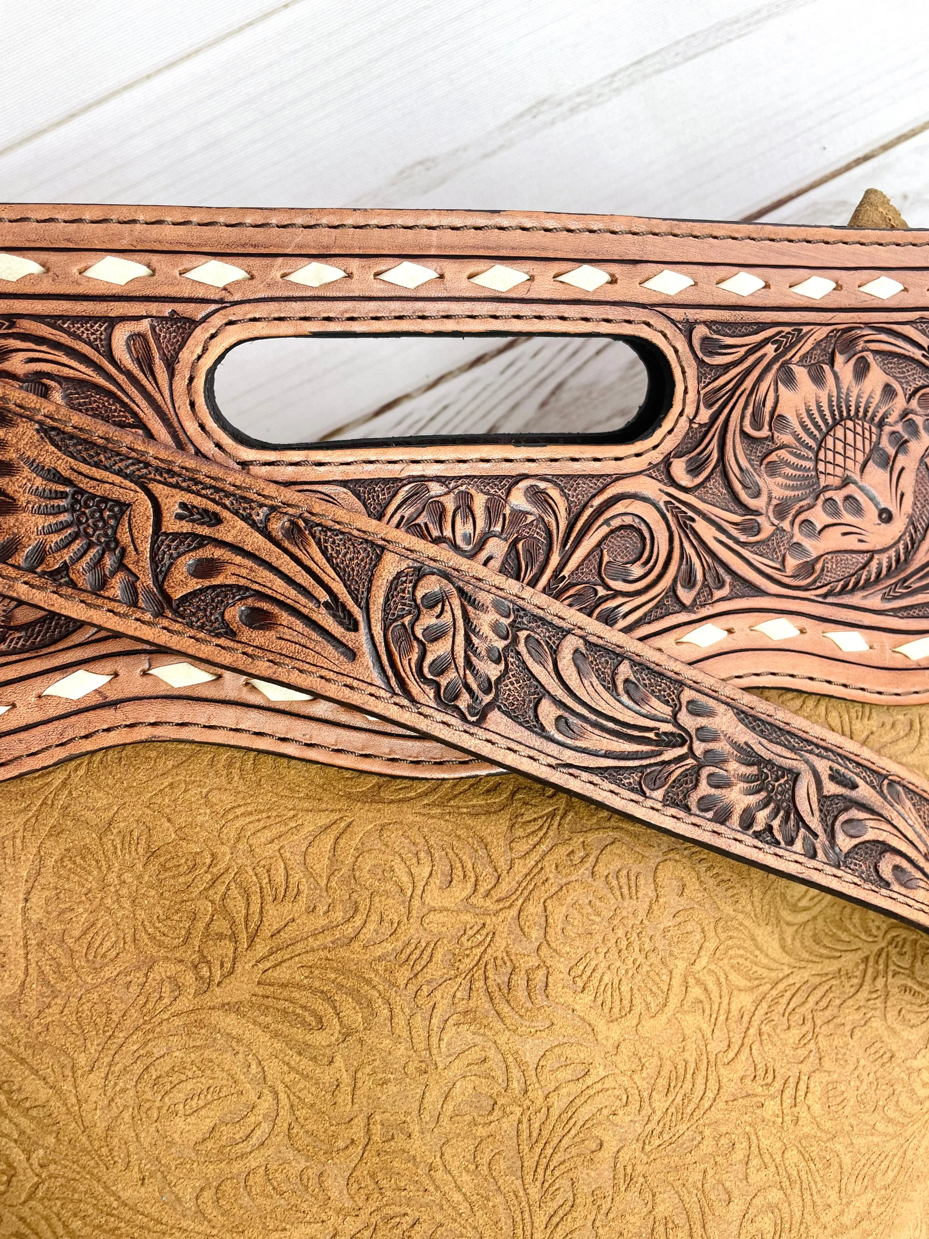 Tan Suede Brocade w/ Leather Handle Crossbody Bag