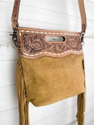 Tan Suede Brocade w/ Leather Handle Crossbody Bag