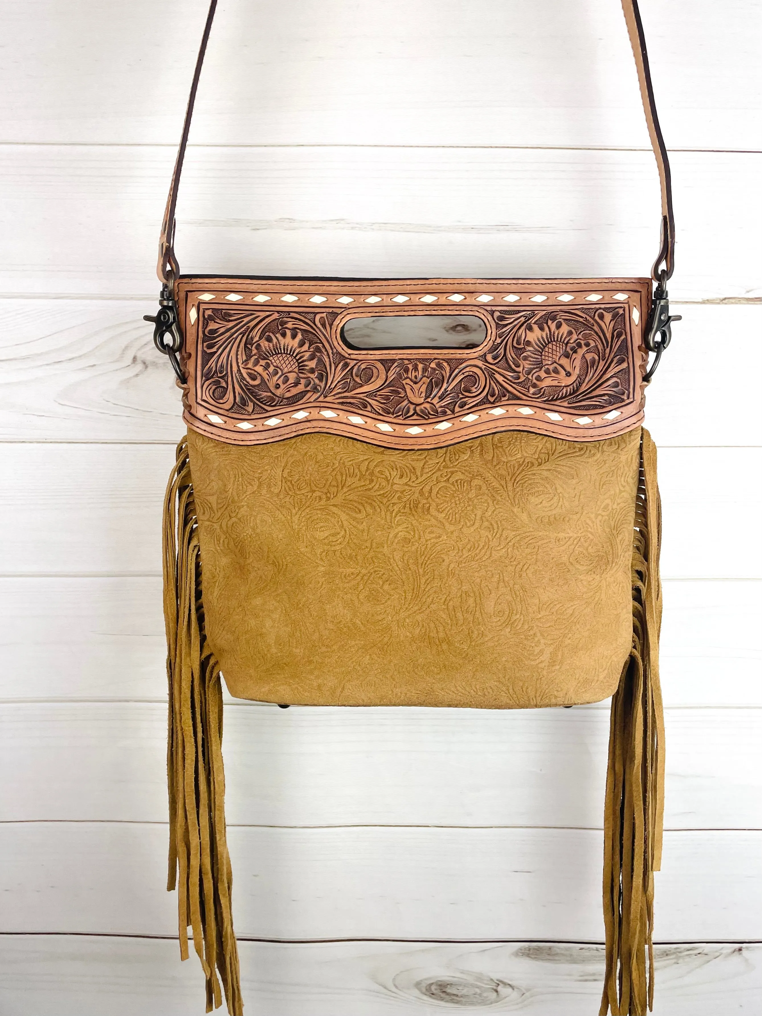 Tan Suede Brocade w/ Leather Handle Crossbody Bag