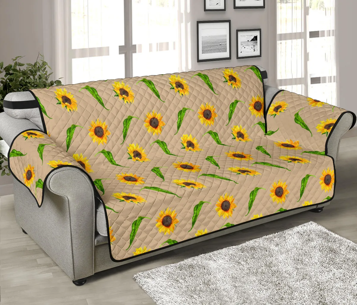 Tan With Rustic Sunflower Pattern 70" Sofa Couch Cover Protector