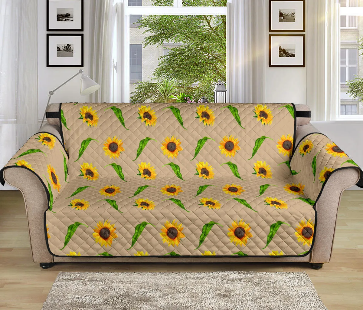 Tan With Rustic Sunflower Pattern 70" Sofa Couch Cover Protector
