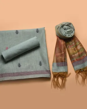 Turquoise Chanderi Blend Jamdani Woven Unstitched Suit Fabric Set With Chanderi Blend Woven Dupatta