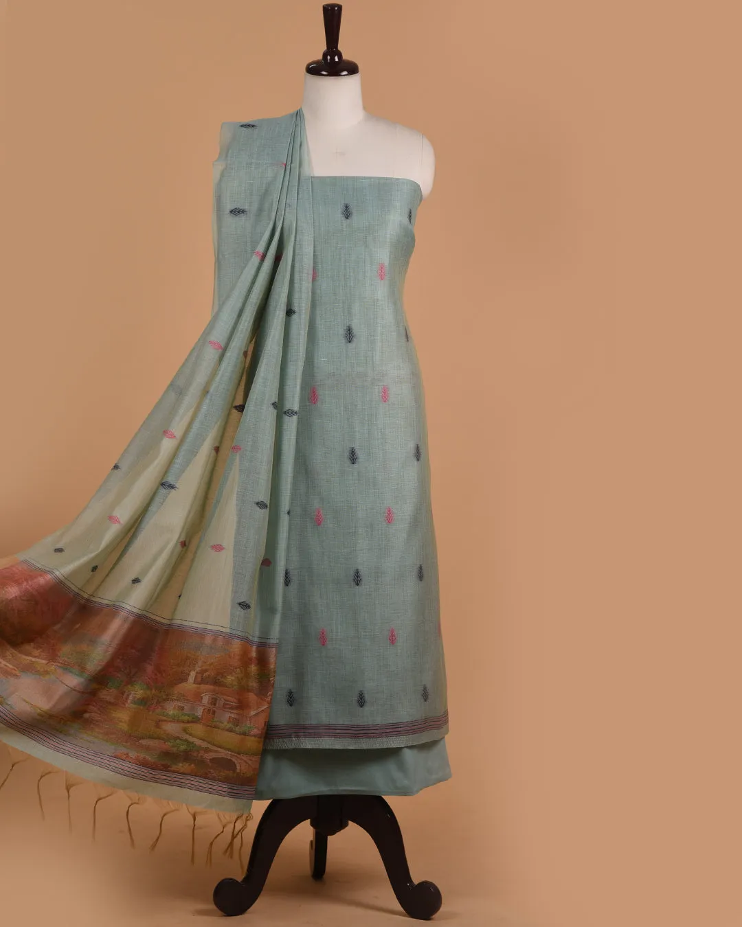 Turquoise Chanderi Blend Jamdani Woven Unstitched Suit Fabric Set With Chanderi Blend Woven Dupatta