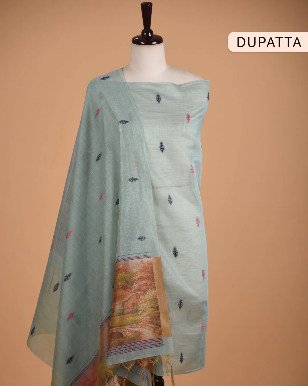 Turquoise Chanderi Blend Jamdani Woven Unstitched Suit Fabric Set With Chanderi Blend Woven Dupatta