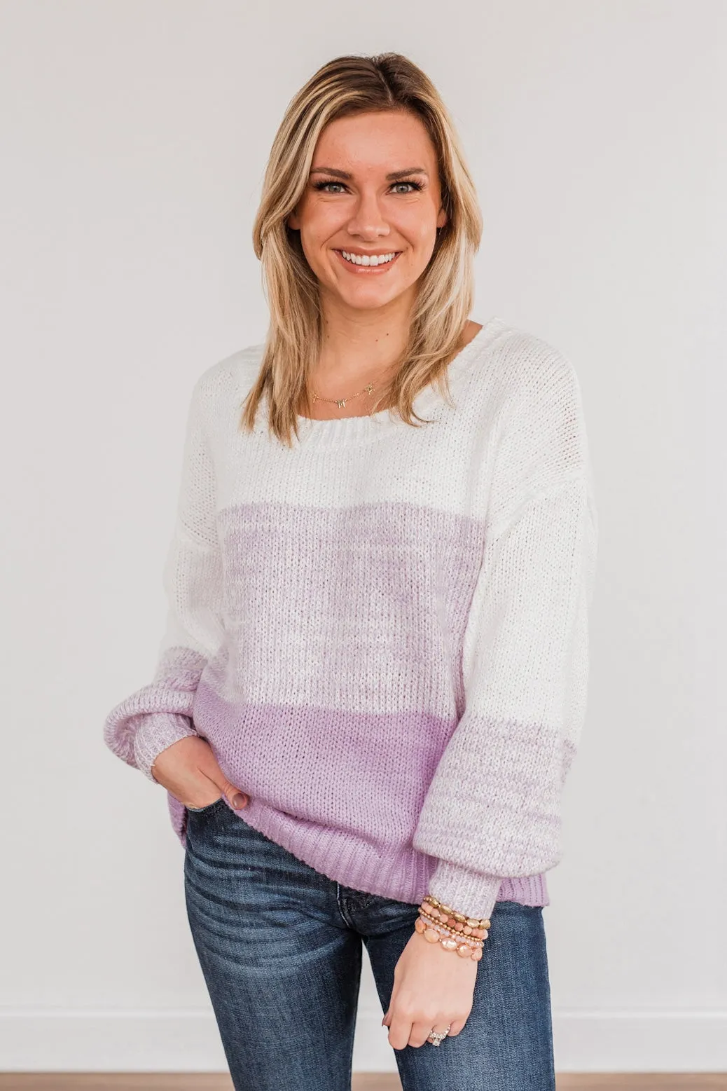Warm Hugs Knit Color Block Sweater- Lavender