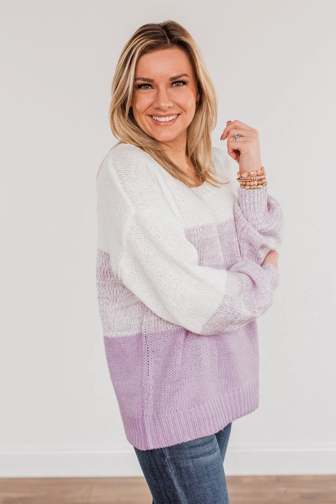 Warm Hugs Knit Color Block Sweater- Lavender