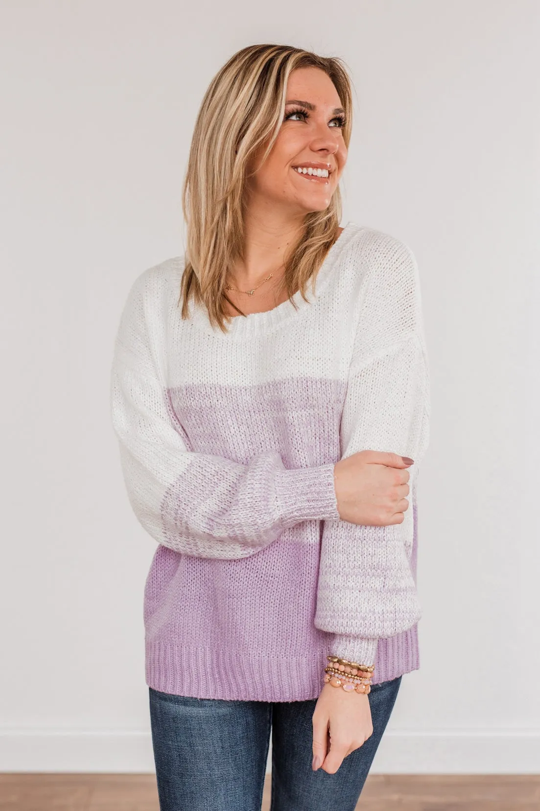 Warm Hugs Knit Color Block Sweater- Lavender