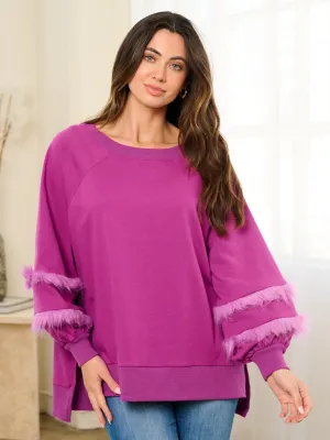WOMEN'S LONG FEATHER SLEEVE OVERSIZED HIGH-LOW TOP