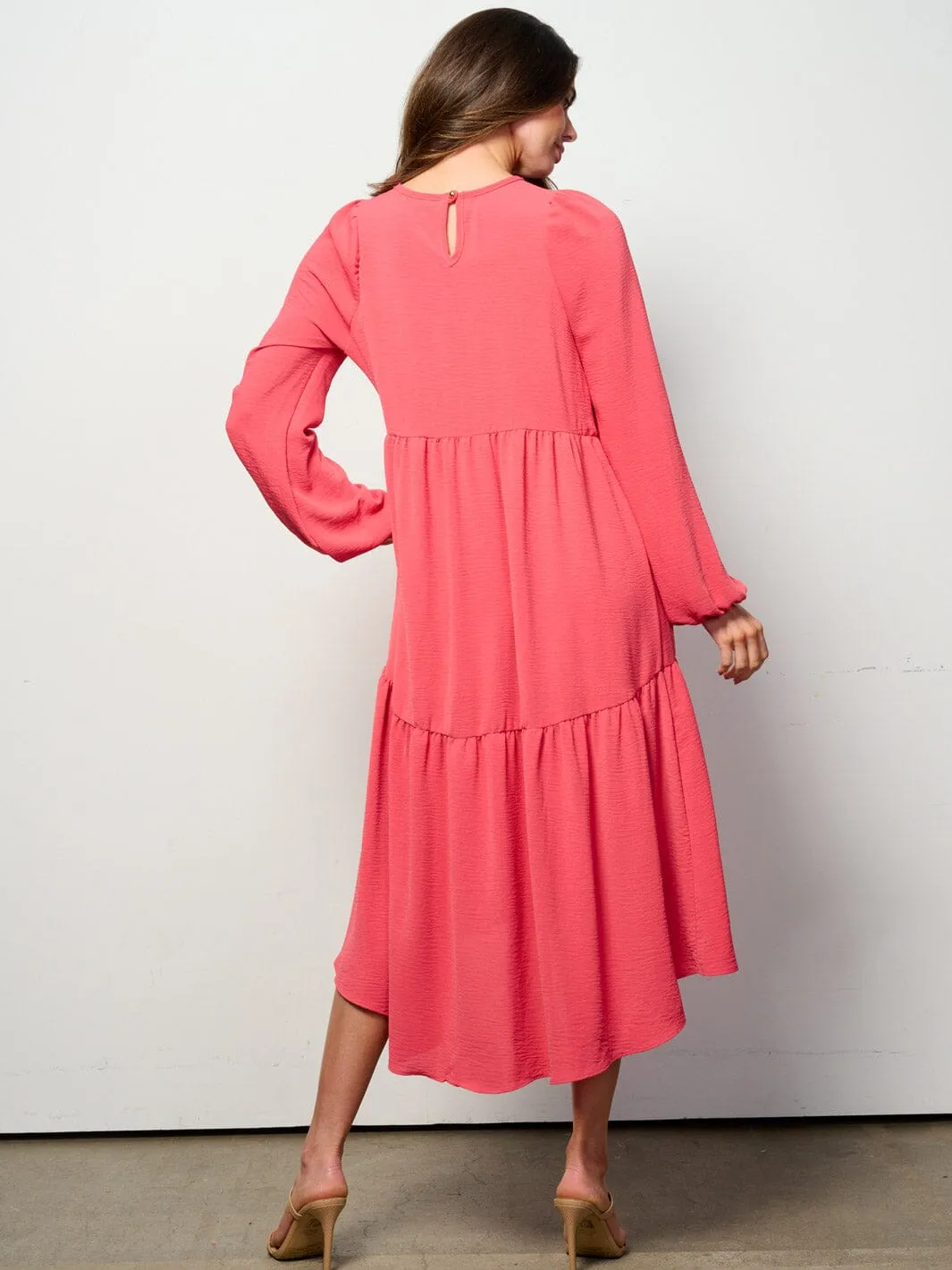 WOMEN'S LONG SLEEVE TIERED HIGH-LOW MIDI DRESS
