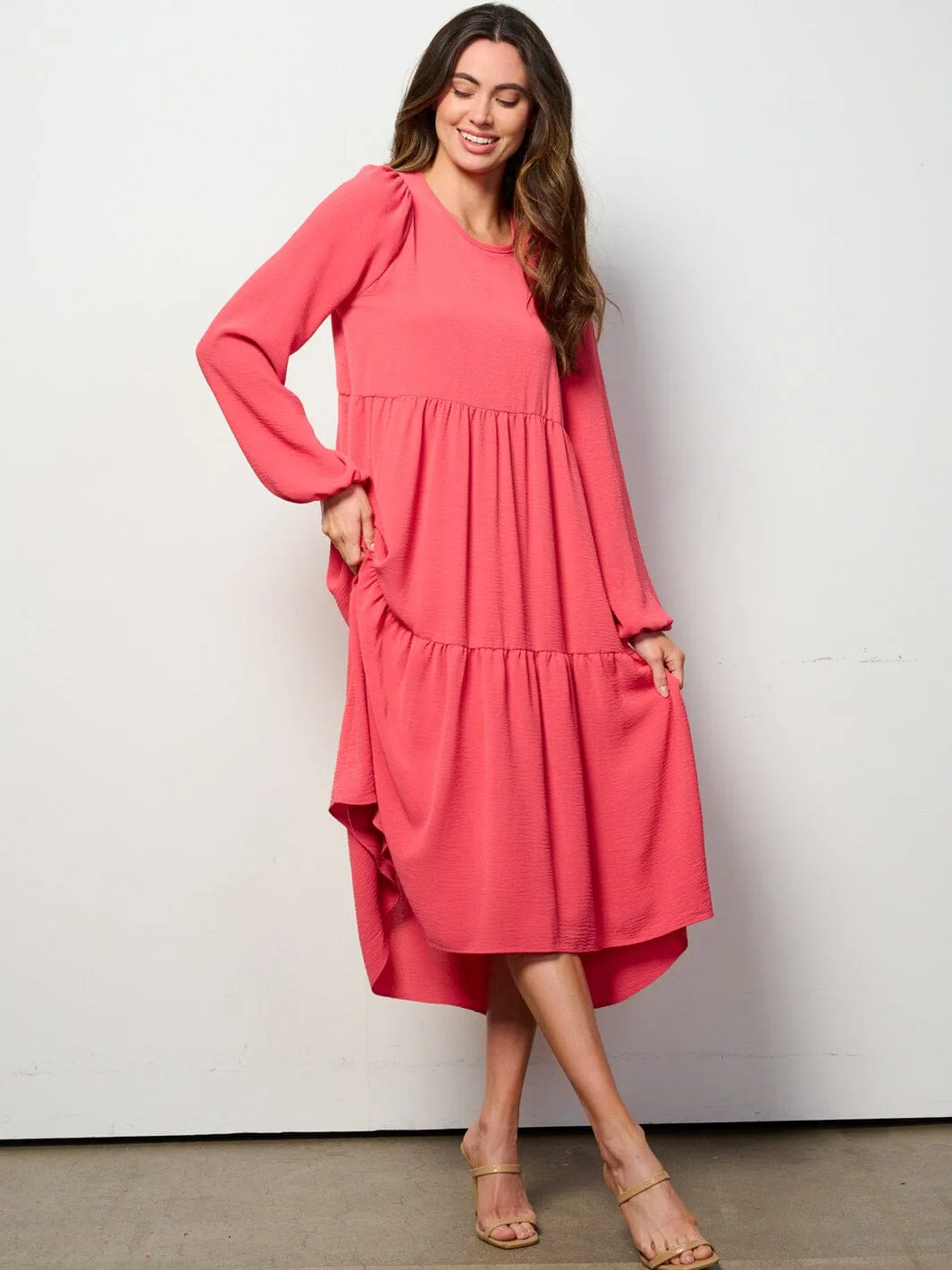 WOMEN'S LONG SLEEVE TIERED HIGH-LOW MIDI DRESS