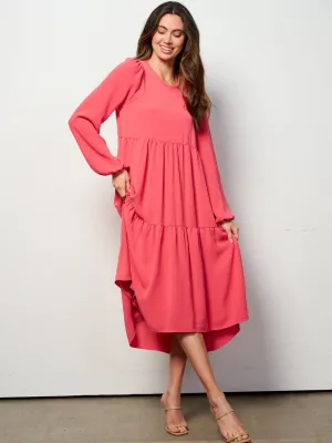 WOMEN'S LONG SLEEVE TIERED HIGH-LOW MIDI DRESS