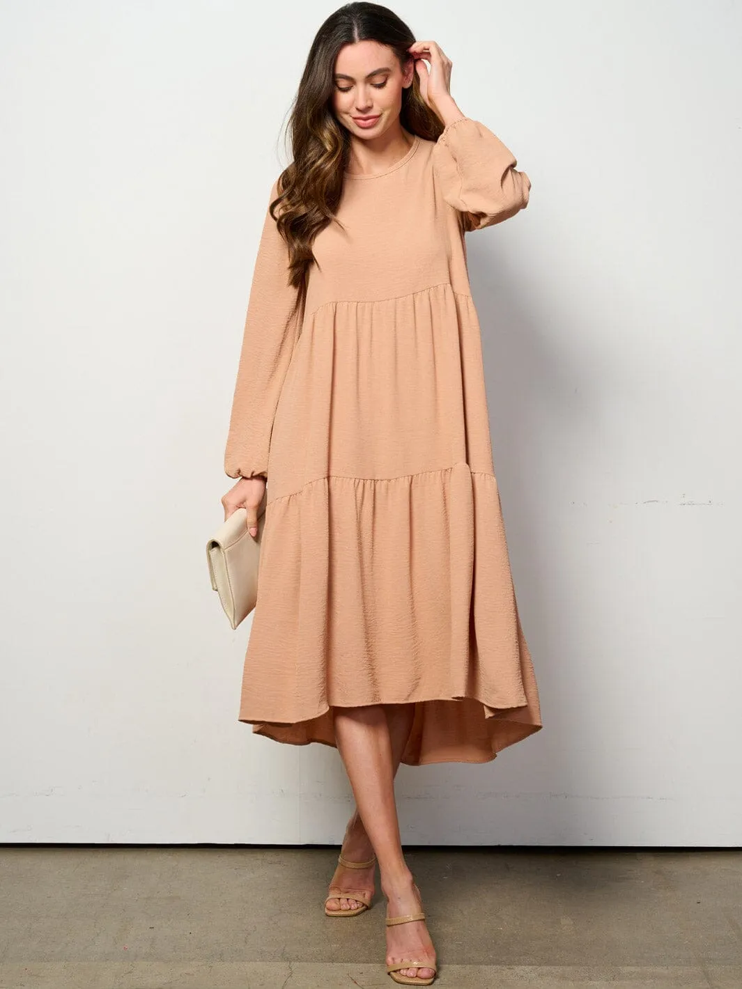 WOMEN'S LONG SLEEVE TIERED HIGH-LOW MIDI DRESS