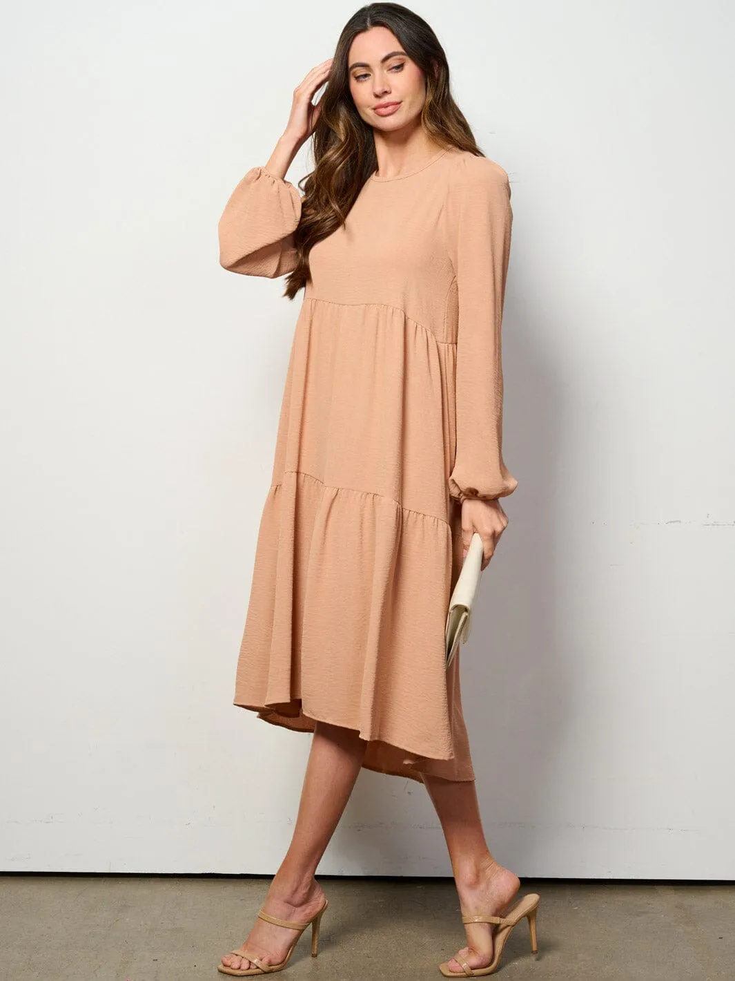 WOMEN'S LONG SLEEVE TIERED HIGH-LOW MIDI DRESS