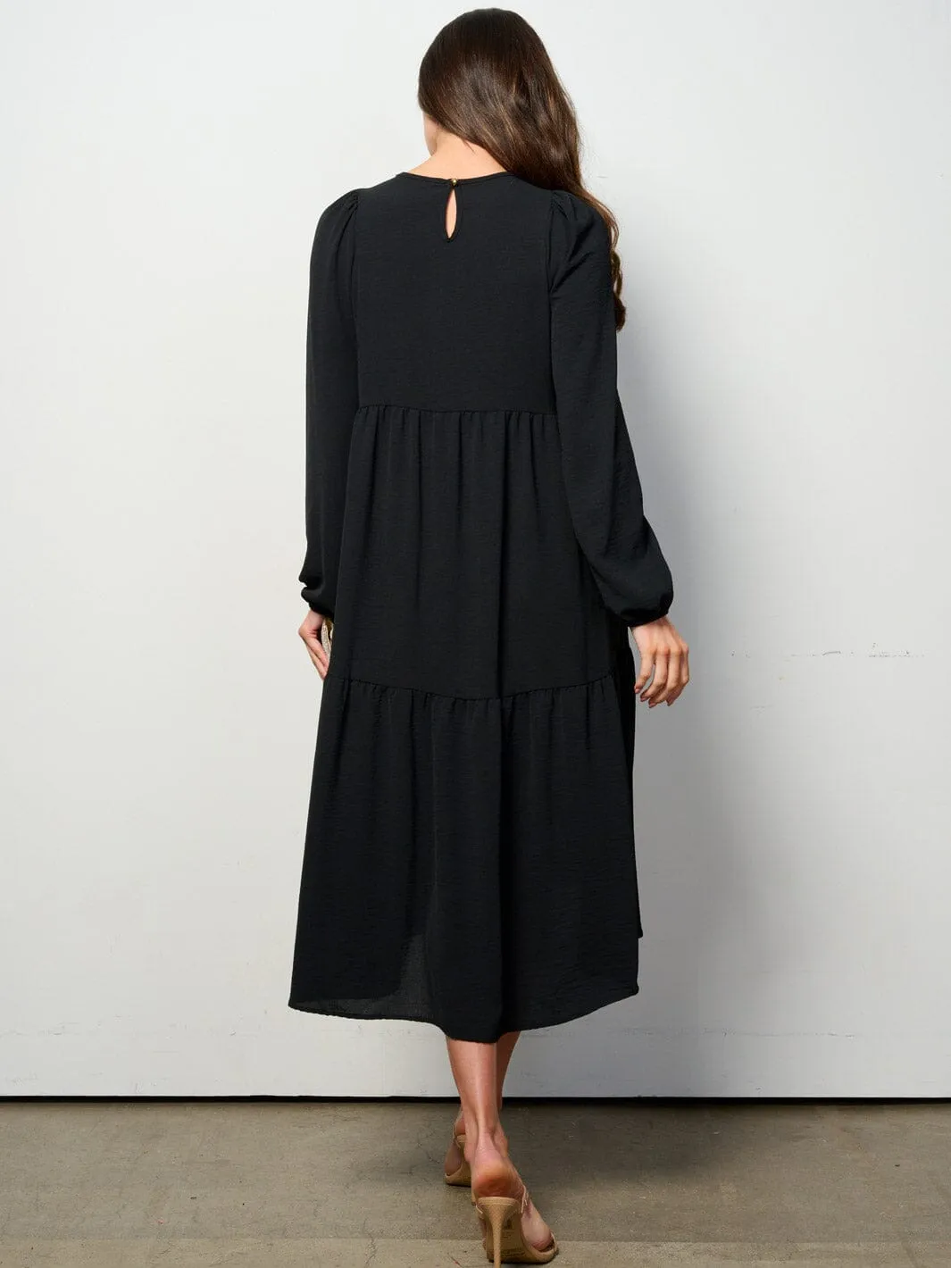 WOMEN'S LONG SLEEVE TIERED HIGH-LOW MIDI DRESS