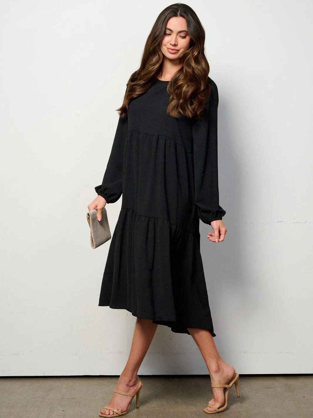 WOMEN'S LONG SLEEVE TIERED HIGH-LOW MIDI DRESS