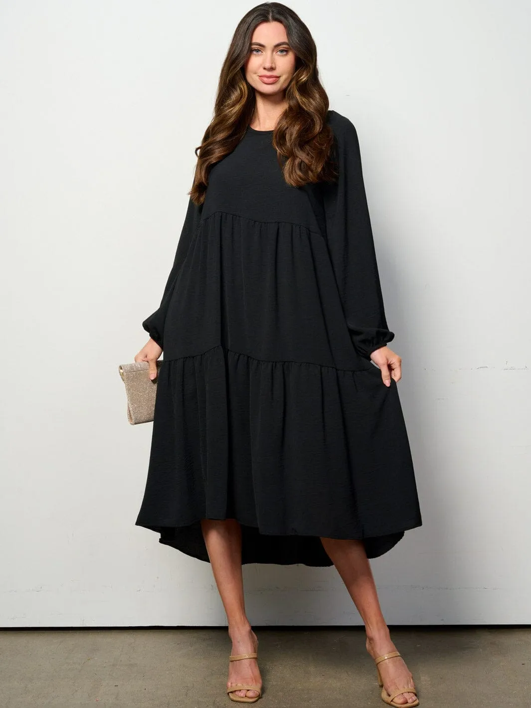 WOMEN'S LONG SLEEVE TIERED HIGH-LOW MIDI DRESS