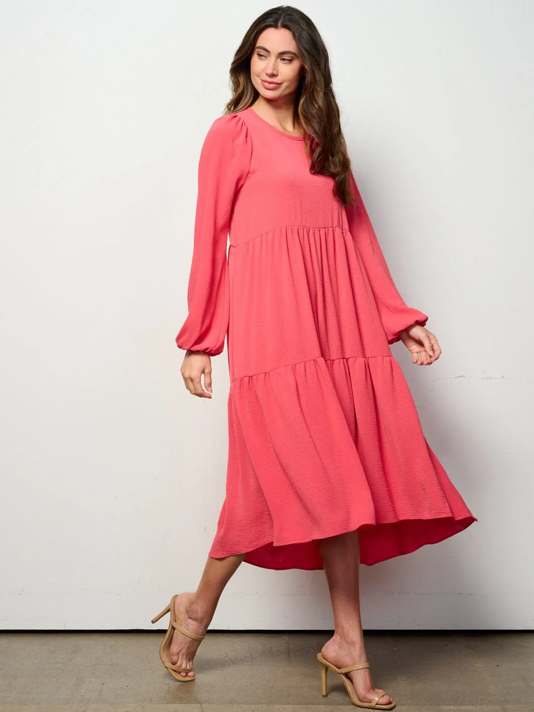 WOMEN'S LONG SLEEVE TIERED HIGH-LOW MIDI DRESS