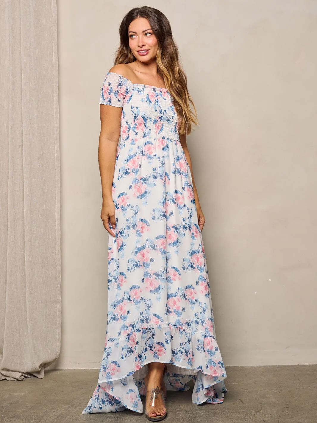 WOMEN'S OFF SHOULDER SMOCK FLORAL MAXI DRESS