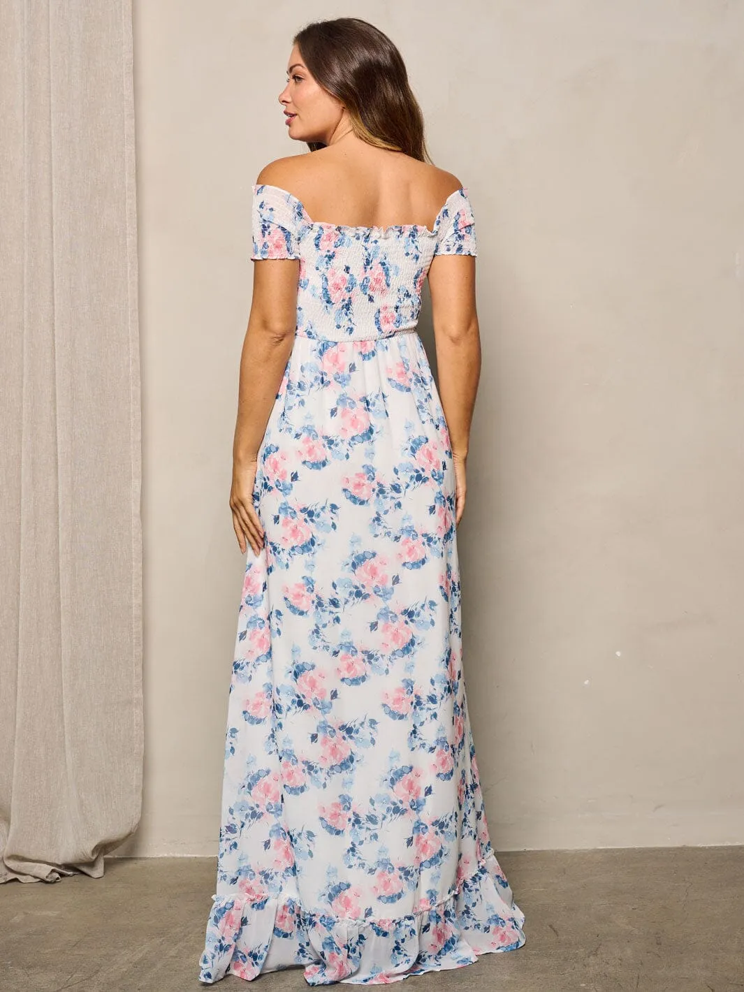 WOMEN'S OFF SHOULDER SMOCK FLORAL MAXI DRESS