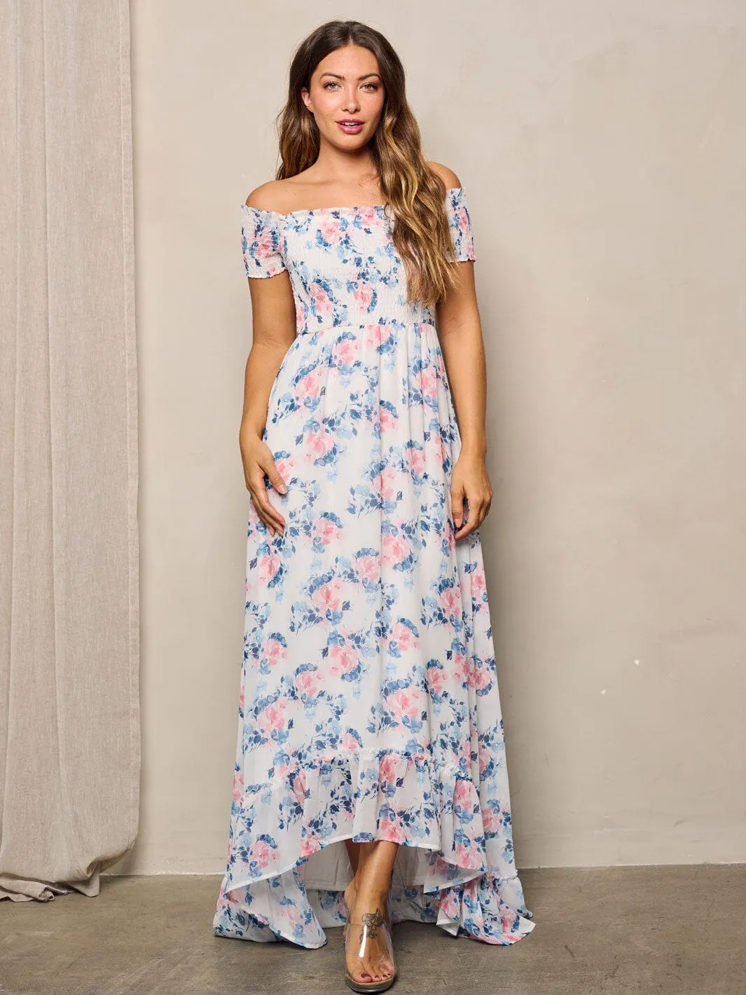WOMEN'S OFF SHOULDER SMOCK FLORAL MAXI DRESS