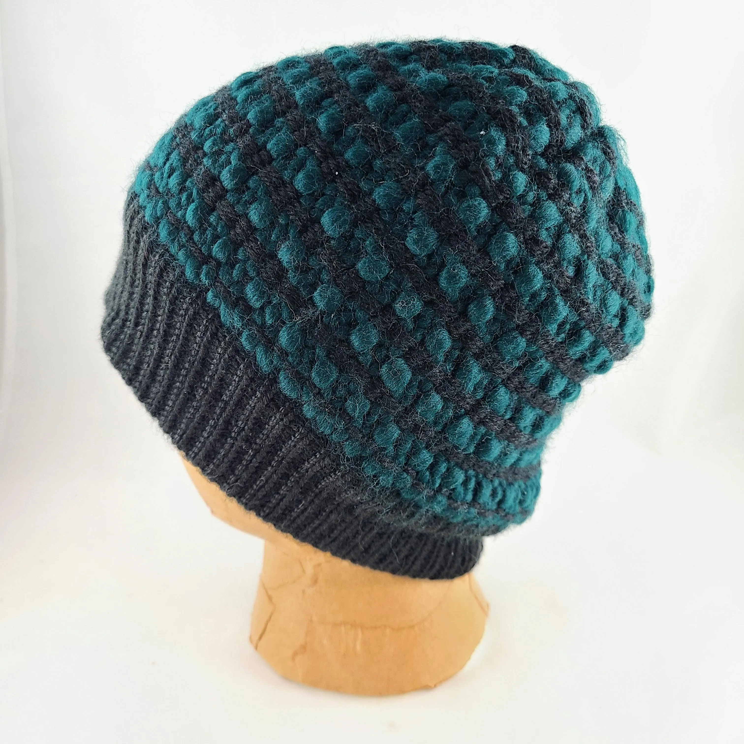 Woven Knit Hat, Black & Deep Teal Wool Blend Beanie